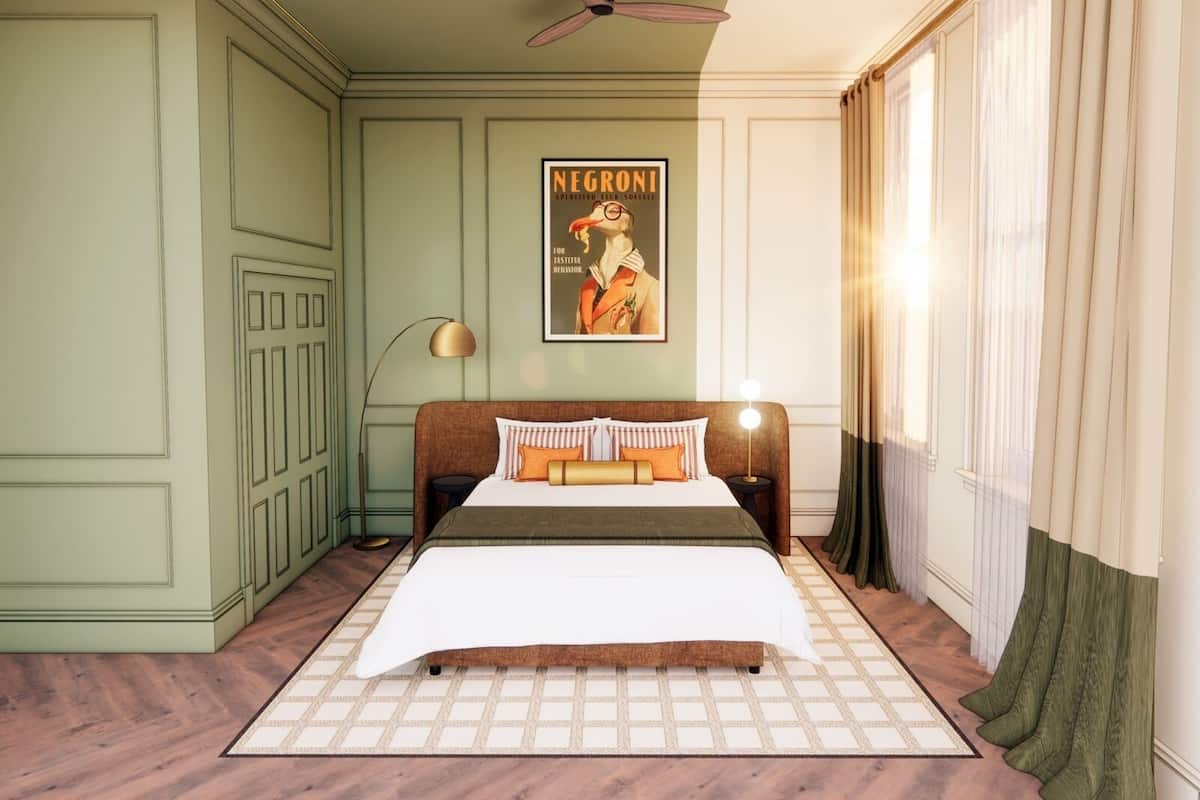 Un dormitorio con cama, ventilador de techo, un cartel y una ventana con cortinas.