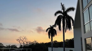 A modern building with a reflective pool, palm trees, and parked vehicles. - Huatulco Loft 411 PG 5 minutes from El Arrocito Beach (El Arrocito, Huatulco)