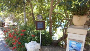 Un cartel de alquiler de embarcaciones, un cartel con el número 17 y una maceta con flores rojas.