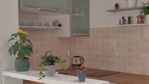 Une cuisine avec des meubles blancs, un plan de travail et un revêtement mural. On y trouve des plantes en pot sur le plan de travail et des étagères au-dessus.