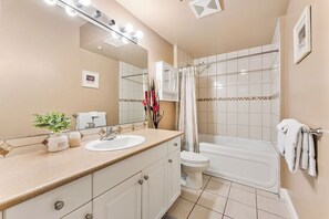 Hair dryer, towels, soap, shampoo