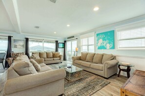 TV, offices - Beachfront Escape: Steps to the Sand & Sun (Surfside Beach)