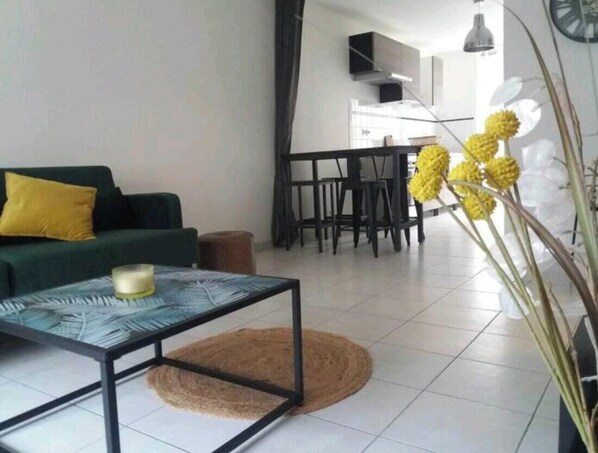 Living area - 2-bedroom apartment. Downtown, ground floor with exterior (Janzé)