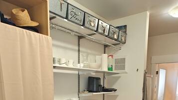 Fridge, microwave, coffee/tea maker, electric kettle