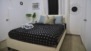 Quarto com cama, planta, ar condicionado fixado na parede e uma porta.