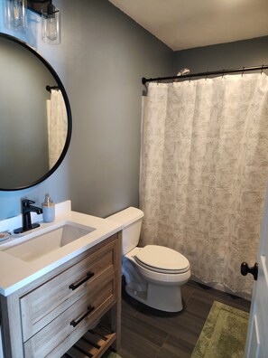 Hair dryer, towels, soap, toilet paper