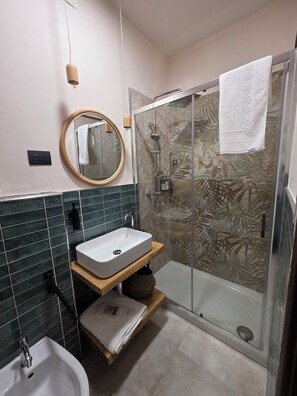 Shower, hair dryer, bidet, towels
