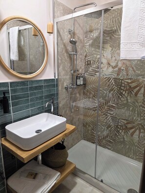 Shower, hair dryer, bidet, towels