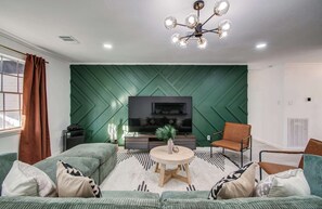House, Multiple Beds, Hot Tub (Sagegrove) | Living area - 5-bd, 2-ba Tranquil Retreat ft Jacuzzi & Playground (Houston)