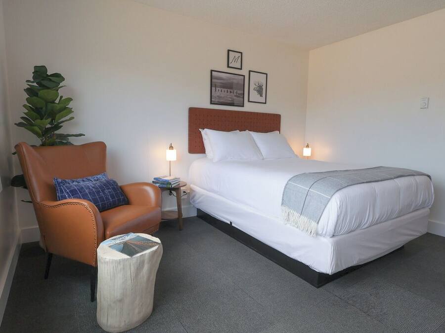 Une chambre à coucher avec un lit, une chaise, une petite table et une plante.
