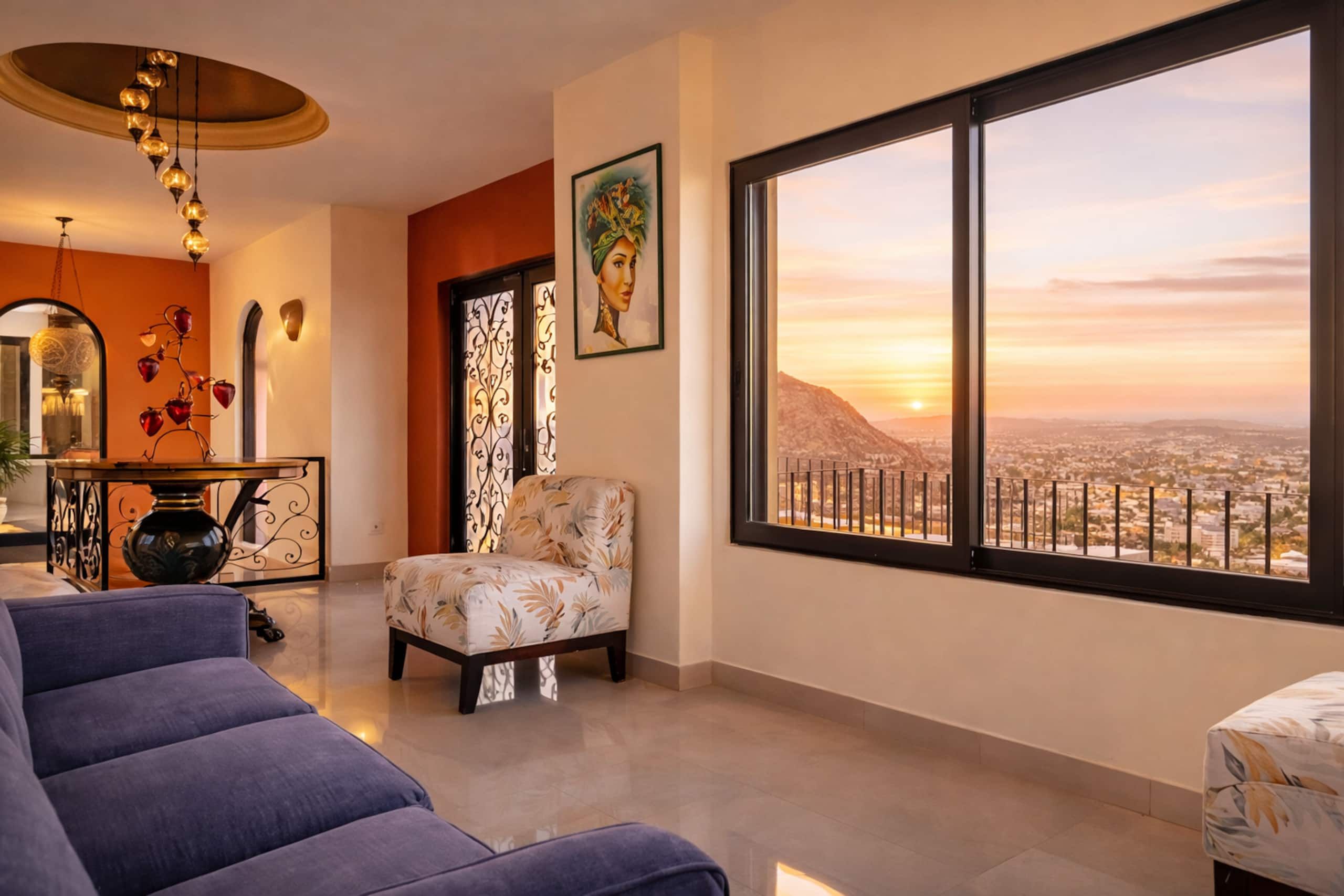 A modern living room with a large window, a sofa, a chair, and decorative lighting.