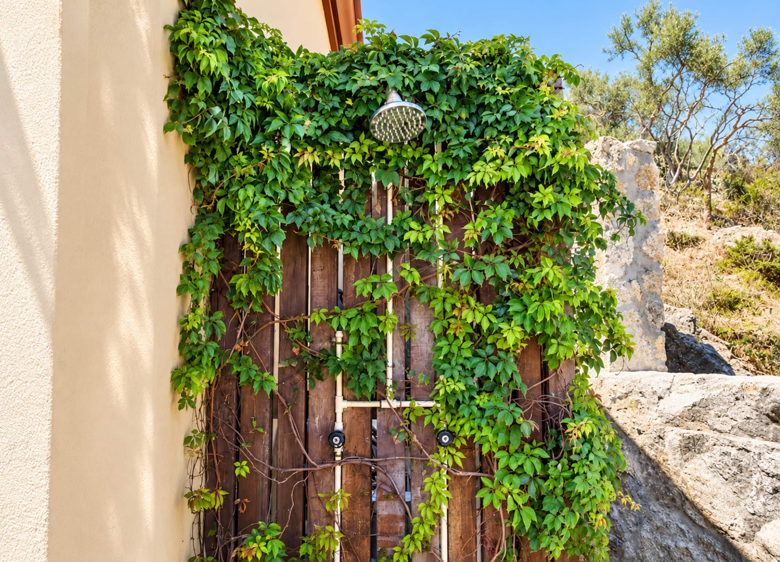 A wooden gate with a metal lock, partially covered by green ivy.