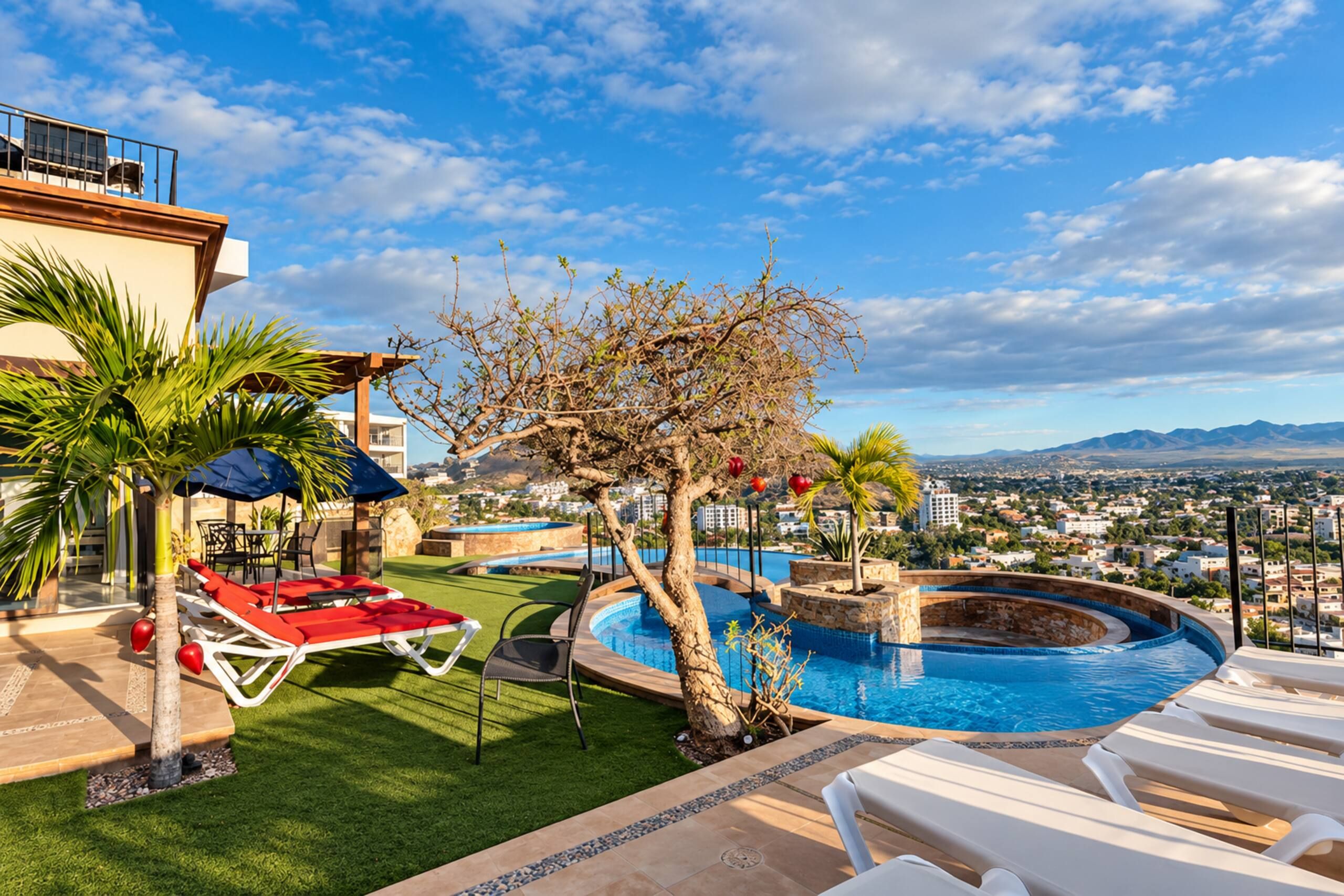 Pool deck with loungers, palms and panoramic views