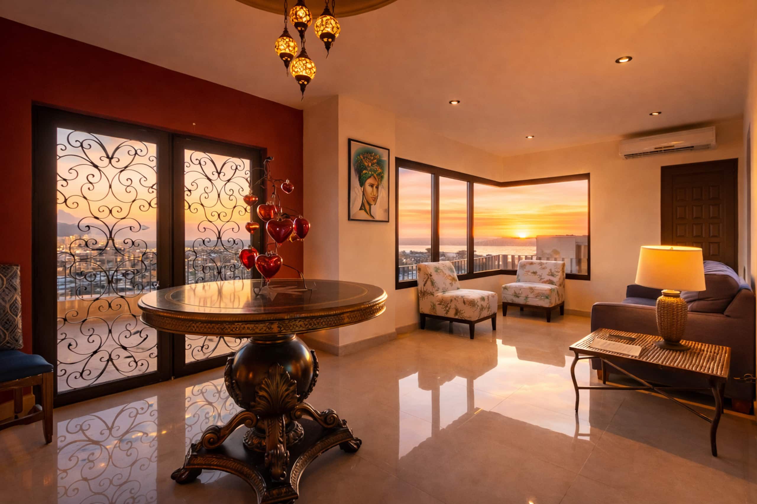 A spacious living room with a round table, two armchairs, a sofa, and a view of the sunset through large windows.