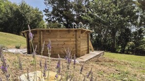 A wooden cabin with a small porch, surrounded by a garden with lavender and rocks. - Pareine - BEAUTEVILLE (BEAUTEVILLE)