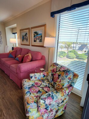 Un salon avec un canapé rose, un fauteuil à motifs floraux, deux tableaux encadrés au mur, une lampe sur pied et une fenêtre avec des stores.