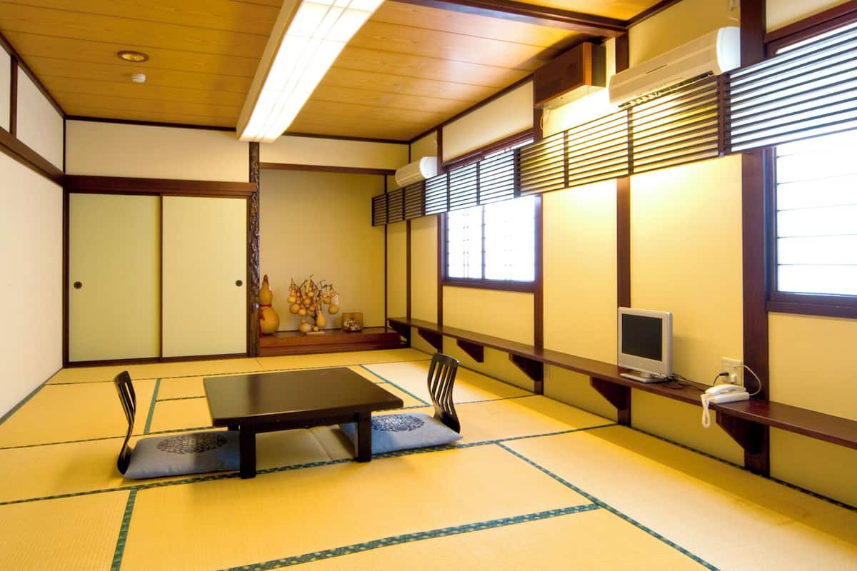 A traditional Japanese room with tatami flooring, a low table, a TV, and a heater.