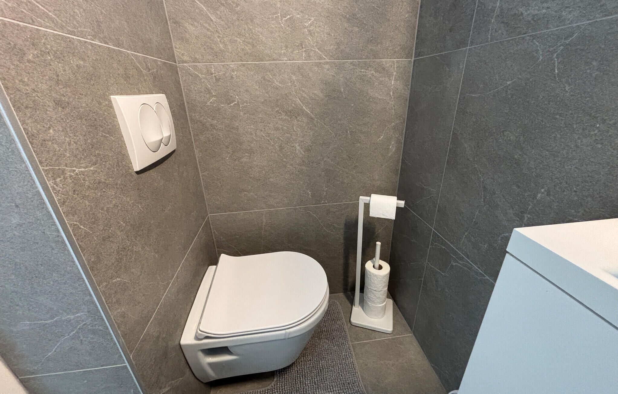 Pieni, moderni kylpyhuone, jossa on wc, paperipyyheannostelija ja käsienkuivaaja.