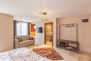 Ein Hotelzimmer mit Bett, einer Couch, einem Fernseher, einer Dusche und einem Kleiderständer.