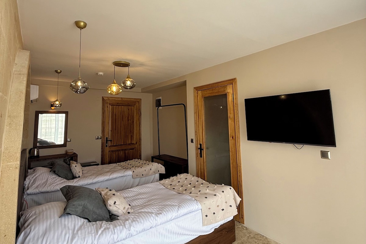 Un dormitorio con dos camas, un televisor y un espejo.