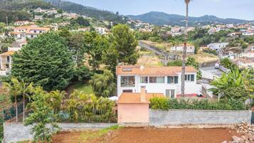 A residential area with houses, a palm tree, and a hillside in the background.