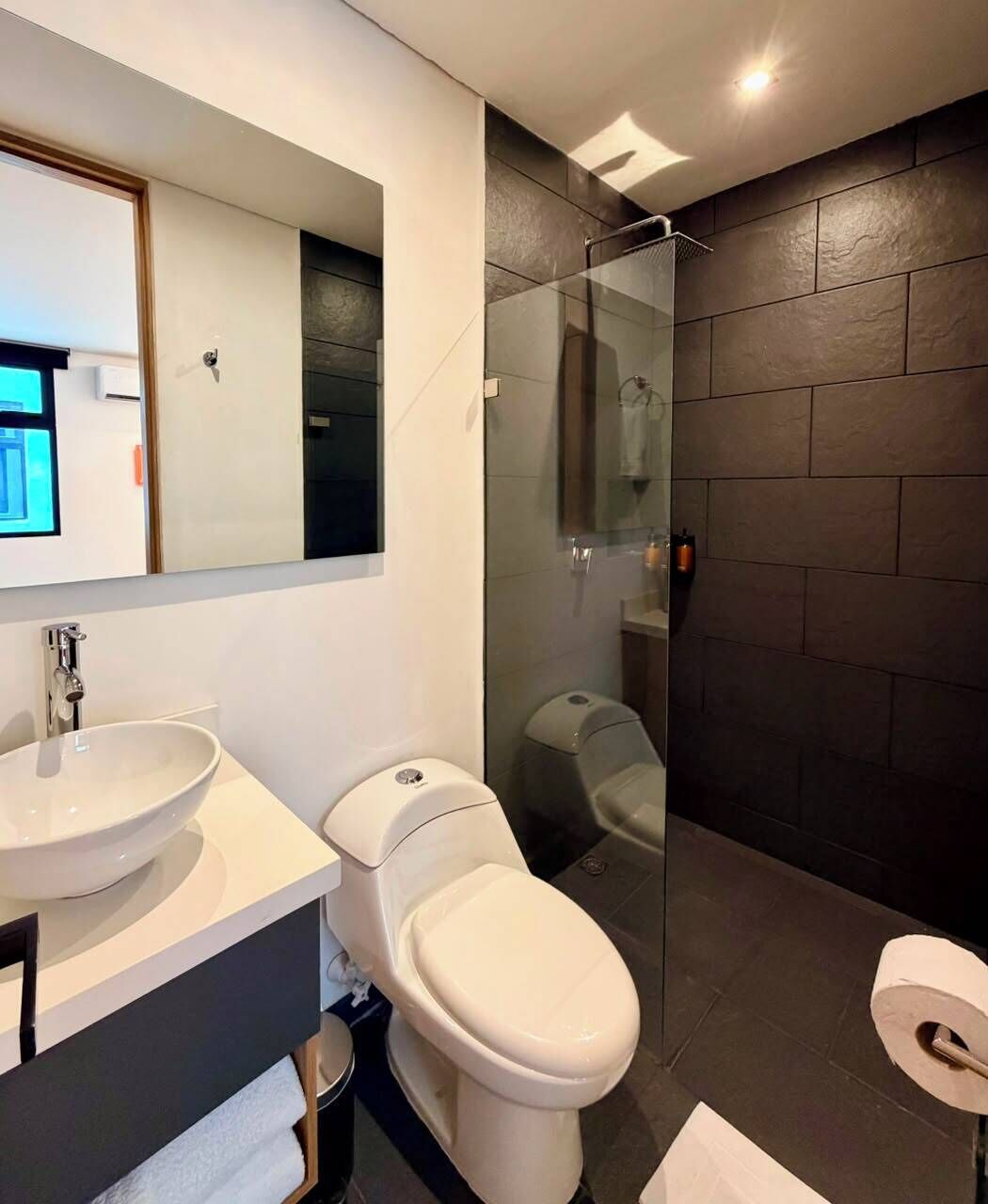 A modern bathroom with a glass-enclosed shower, a white sink, and a toilet.
