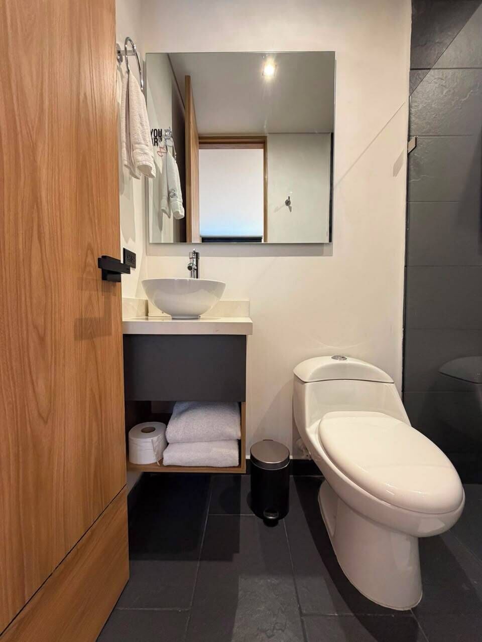 A modern bathroom with a wooden cabinet, a white sink, a toilet, and a mirror above the sink.