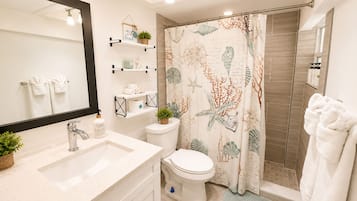 Hair dryer, towels, soap, shampoo