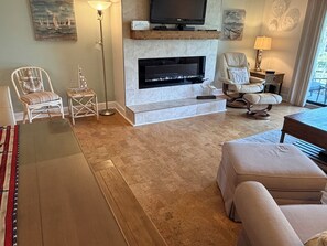 TV, fireplace, DVD player, books