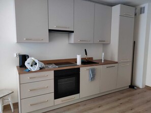 Studio, Patio | Private kitchen | Stovetop, cookware/dishes/utensils - LILY APART Riverside Portovo Apartments (Gdańsk)