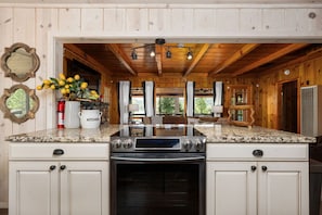 A kitchen with a granite countertop, stainless steel appliances, and wooden paneling. - Lakeview | Dock Access | Sleeps 16 | Putting Green (Bass Lake)