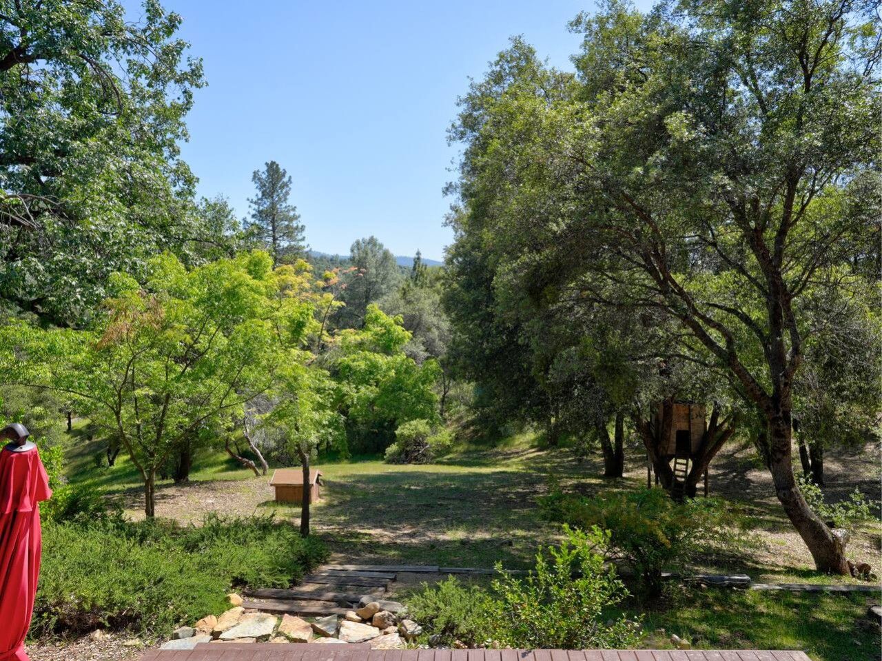 A garden with a wooden deck, a small wooden structure, and a variety of trees.