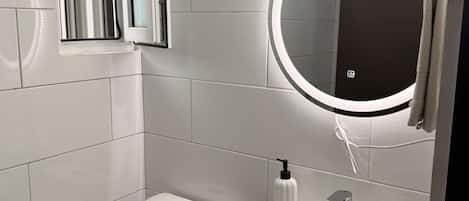 Shower, hair dryer, towels, soap