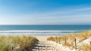 Een strand met een zandpad dat naar de oceaan leidt, omringd door gras en een houten hek.