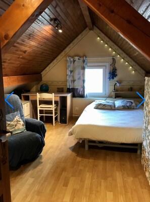 Ein gemütliches Schlafzimmer im Dachgeschoss mit schrägen Wänden, einem Bett, einem Schreibtisch und einem Stuhl.