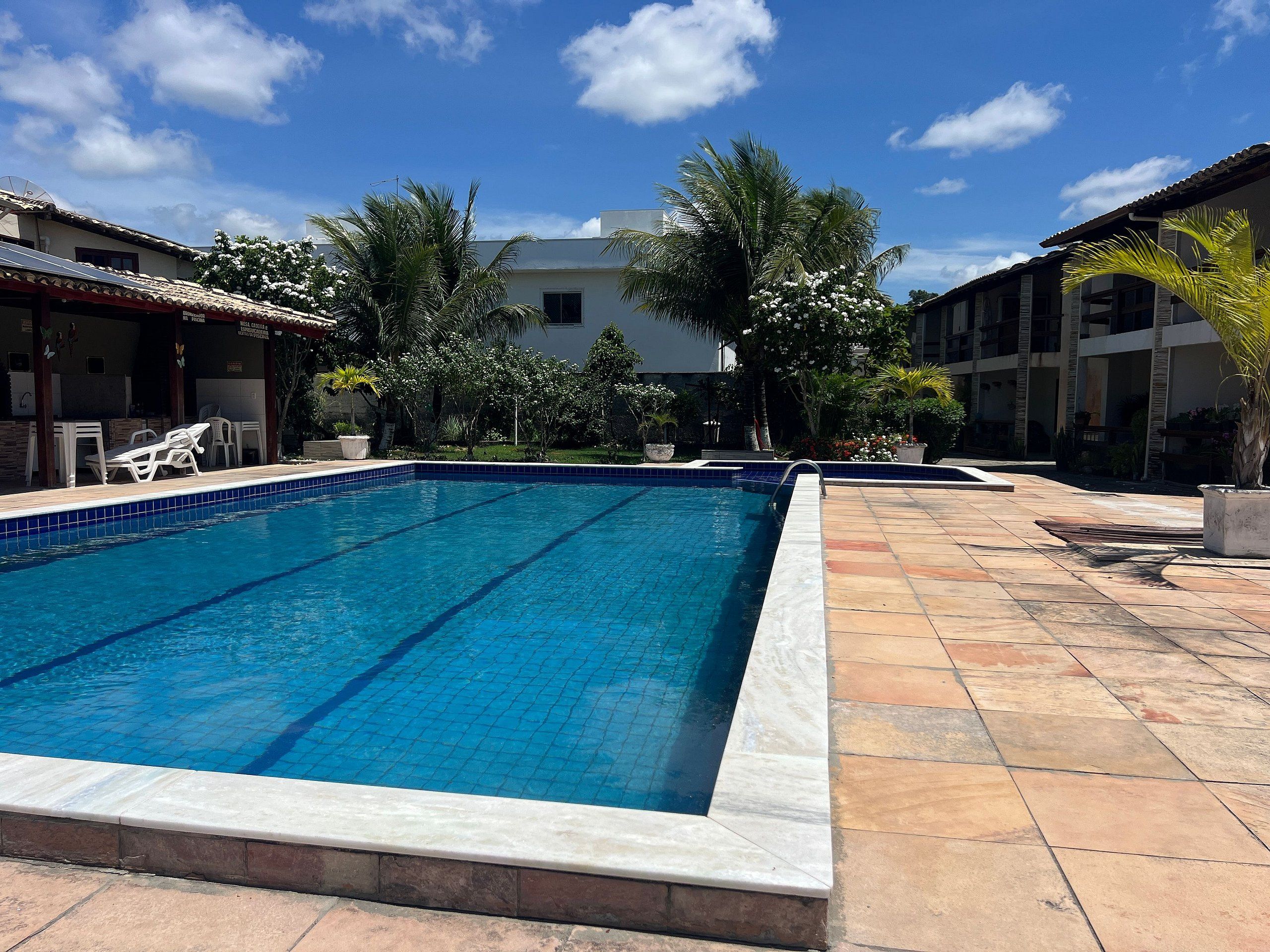 A swimming pool with clear blue water, surrounded by a tiled patio and palm trees.