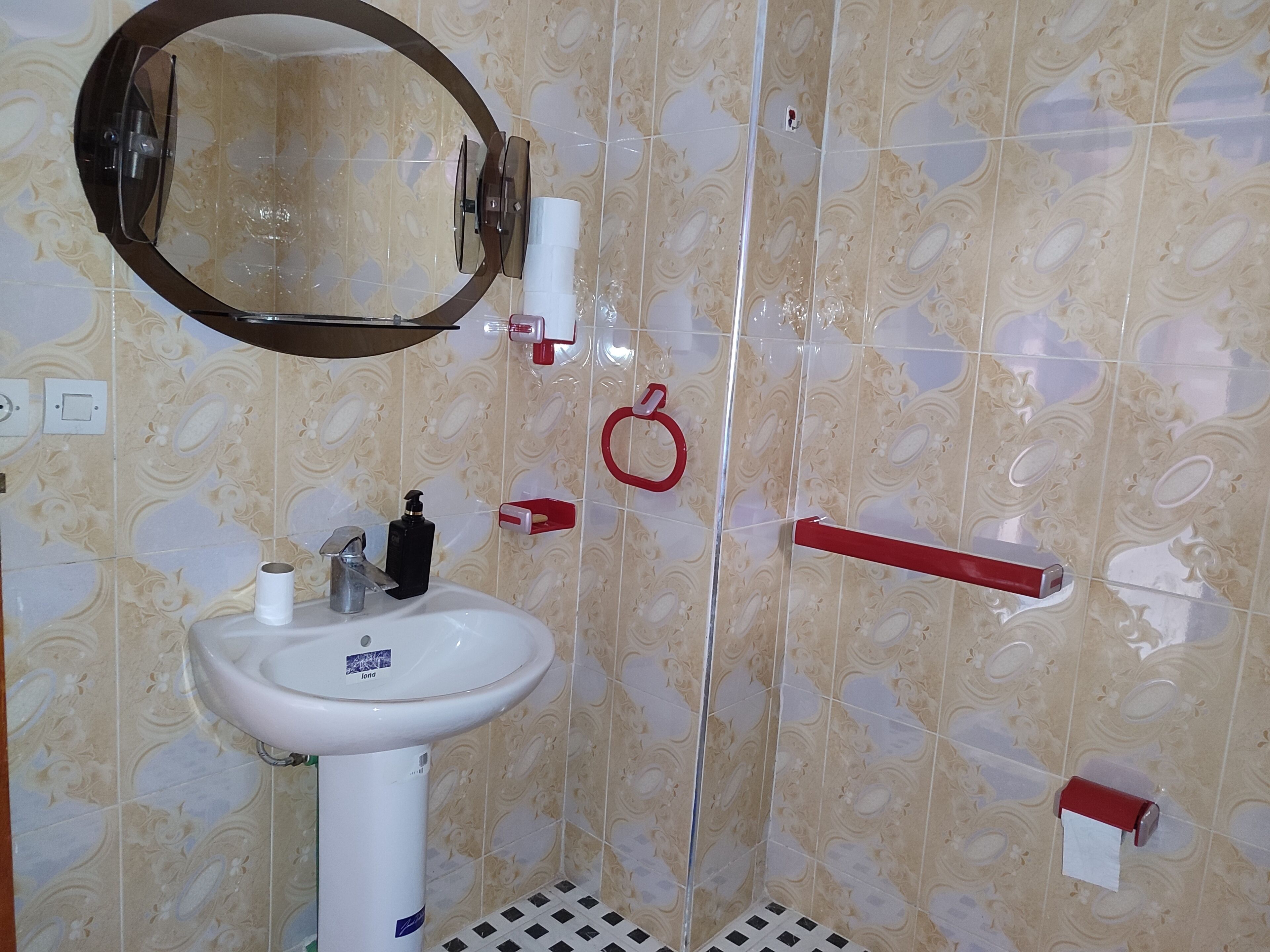 A bathroom with a sink, mirror, toilet paper holder, and a red towel rack.