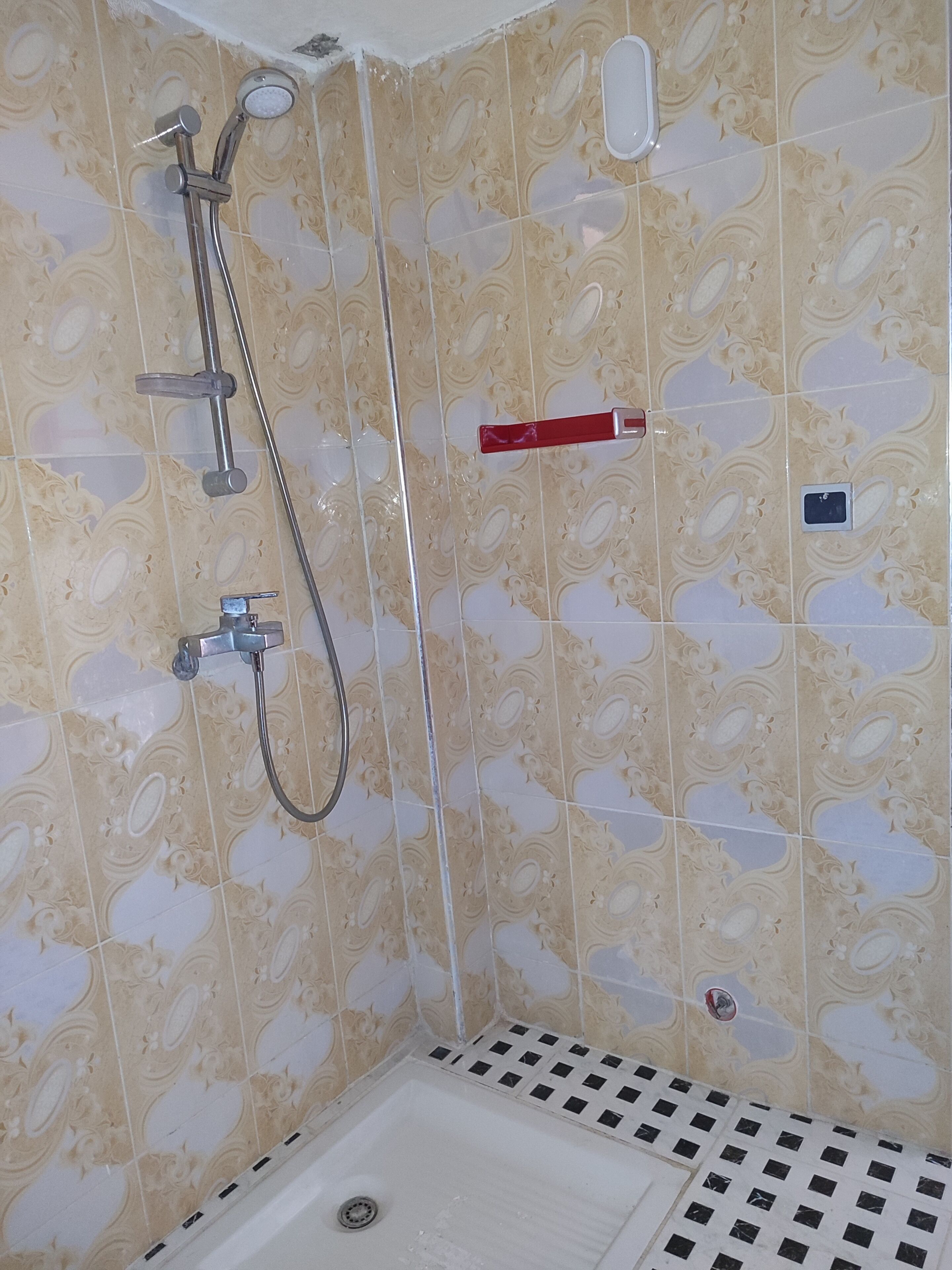 Ein Duschbereich mit Handbrause, am Wand montierter Armatur und Bedienfeld.