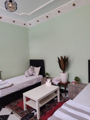 A room with two beds, a small table, a nightstand, a potted plant, and a decorative ceiling light.