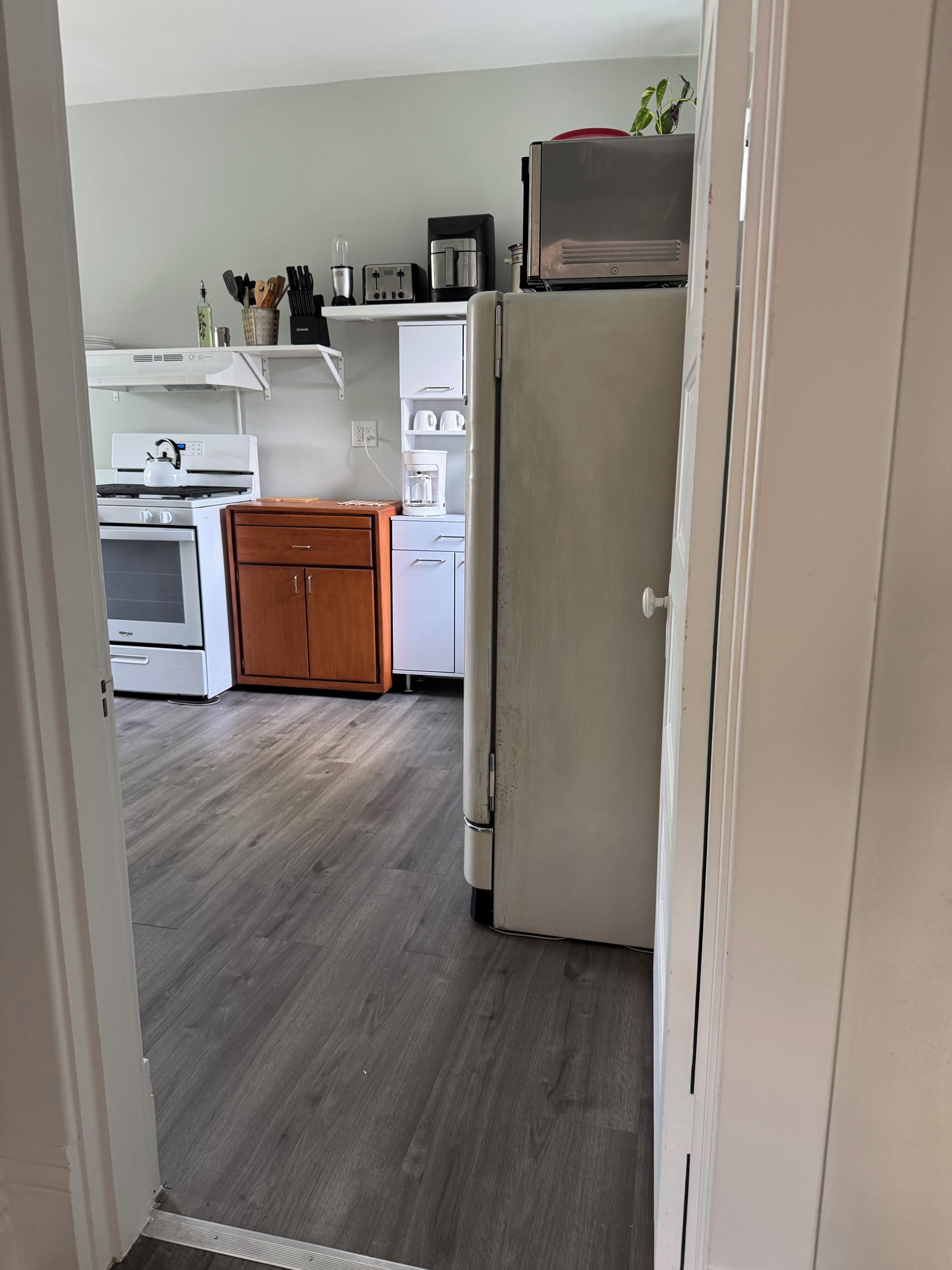 Una cocina equipada con refrigerador, estufa, microondas y cafetera.