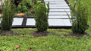 A garden pathway leading to a house with a brick exterior, a wooden fence, and a covered area.