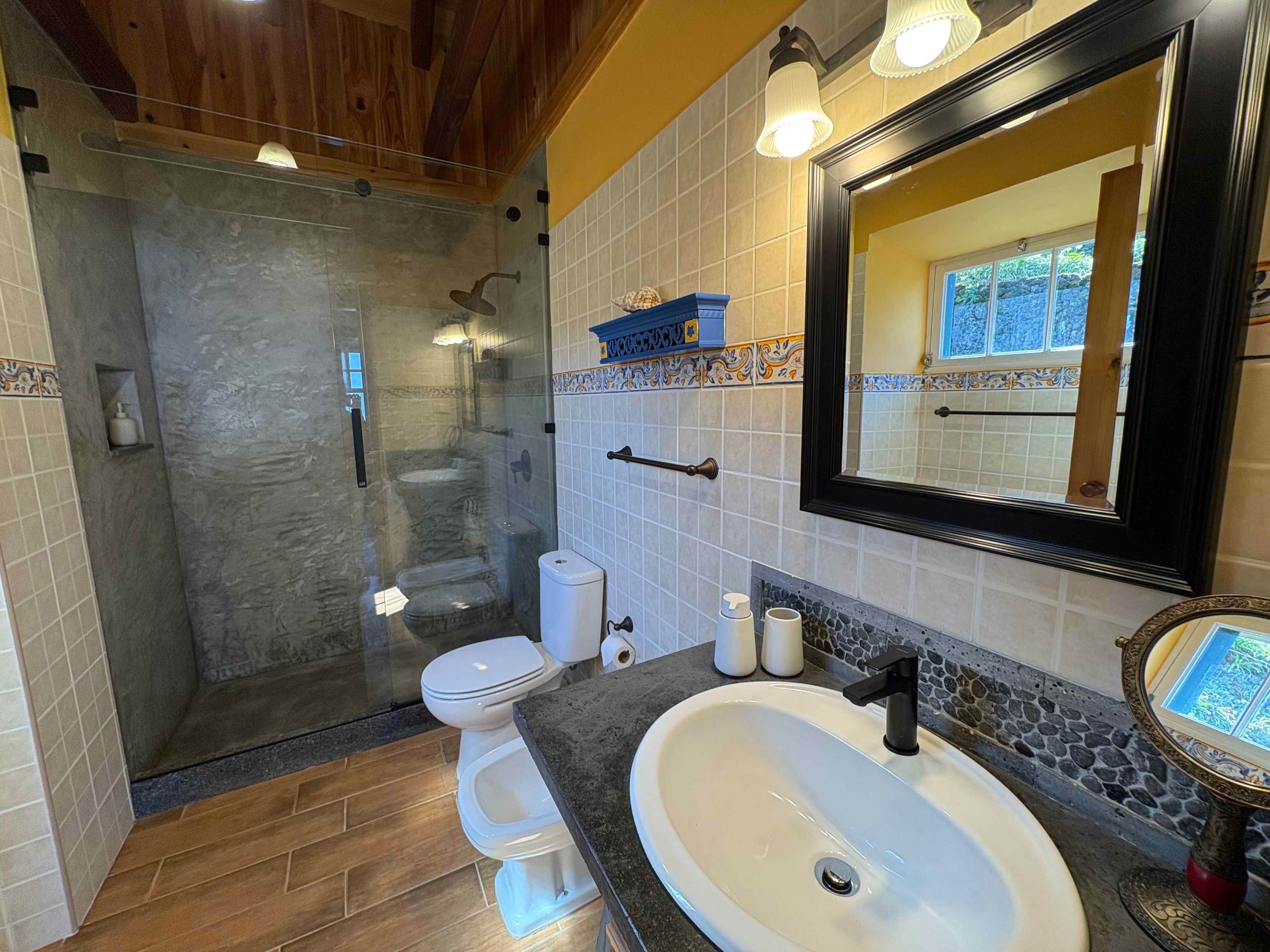 A bathroom with a glass-enclosed shower, a toilet, a sink with a mirror, and a towel rack.