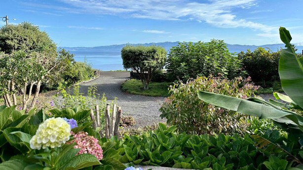 A garden pathway leading to a body of water with mountains in the background. - Casa do Jardim (Santo Amaro)
