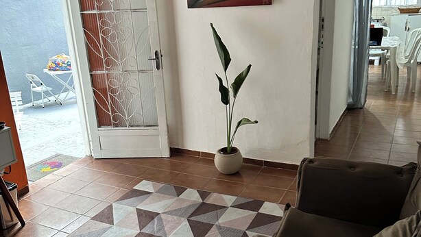 Un salon agrémenté d’un tapis aux motifs géométriques, d’une plante en pot et d’un tableau abstrait aux couleurs vives accroché au mur.