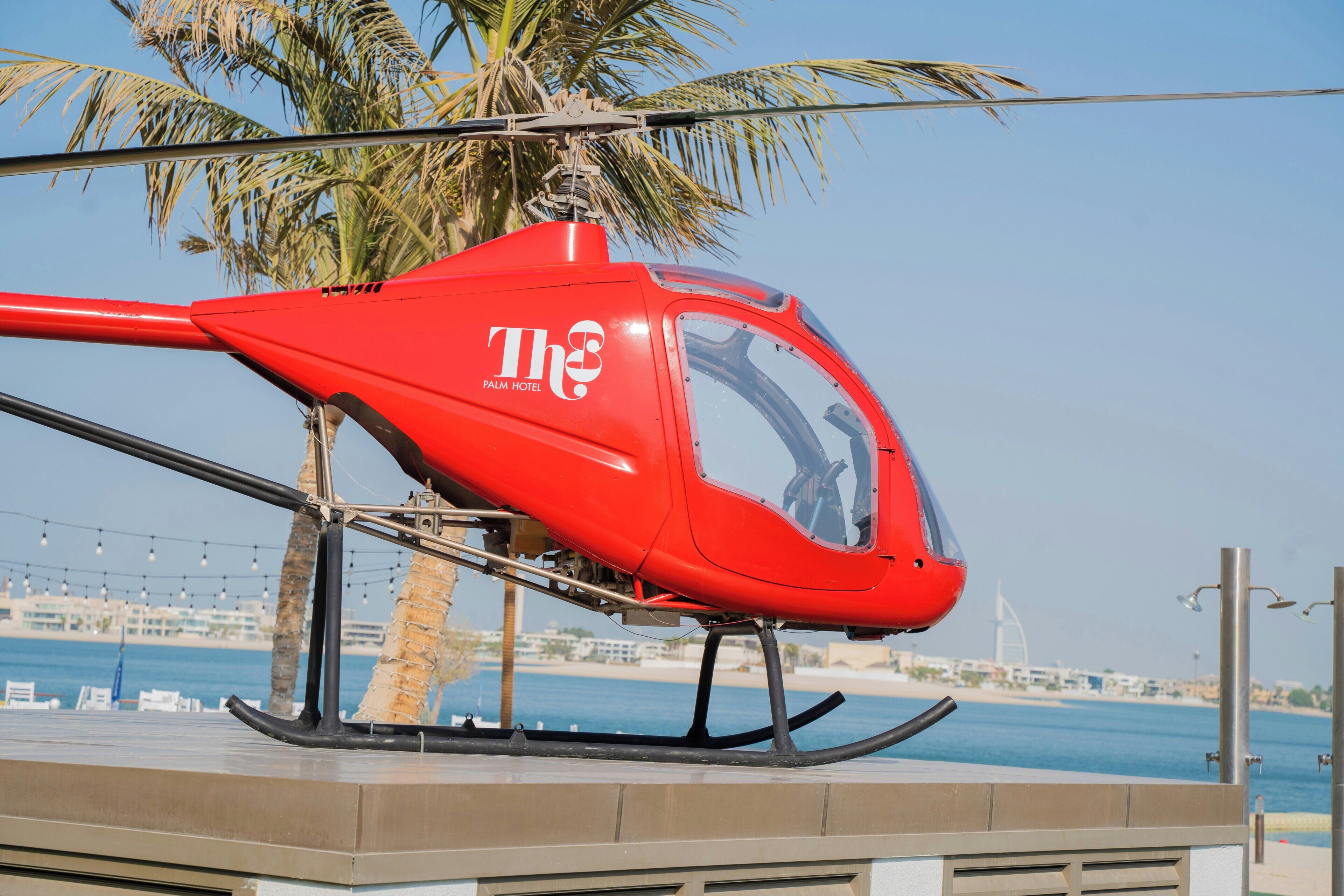 A red helicopter with 'The Palm Hotel' logo, parked near a palm tree and water body.