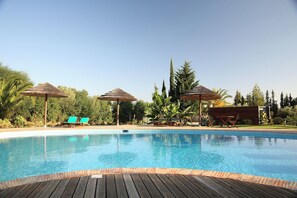 Ein Swimmingpool mit Liegestühlen und Sonnenschirmen, umgeben von viel Grün.