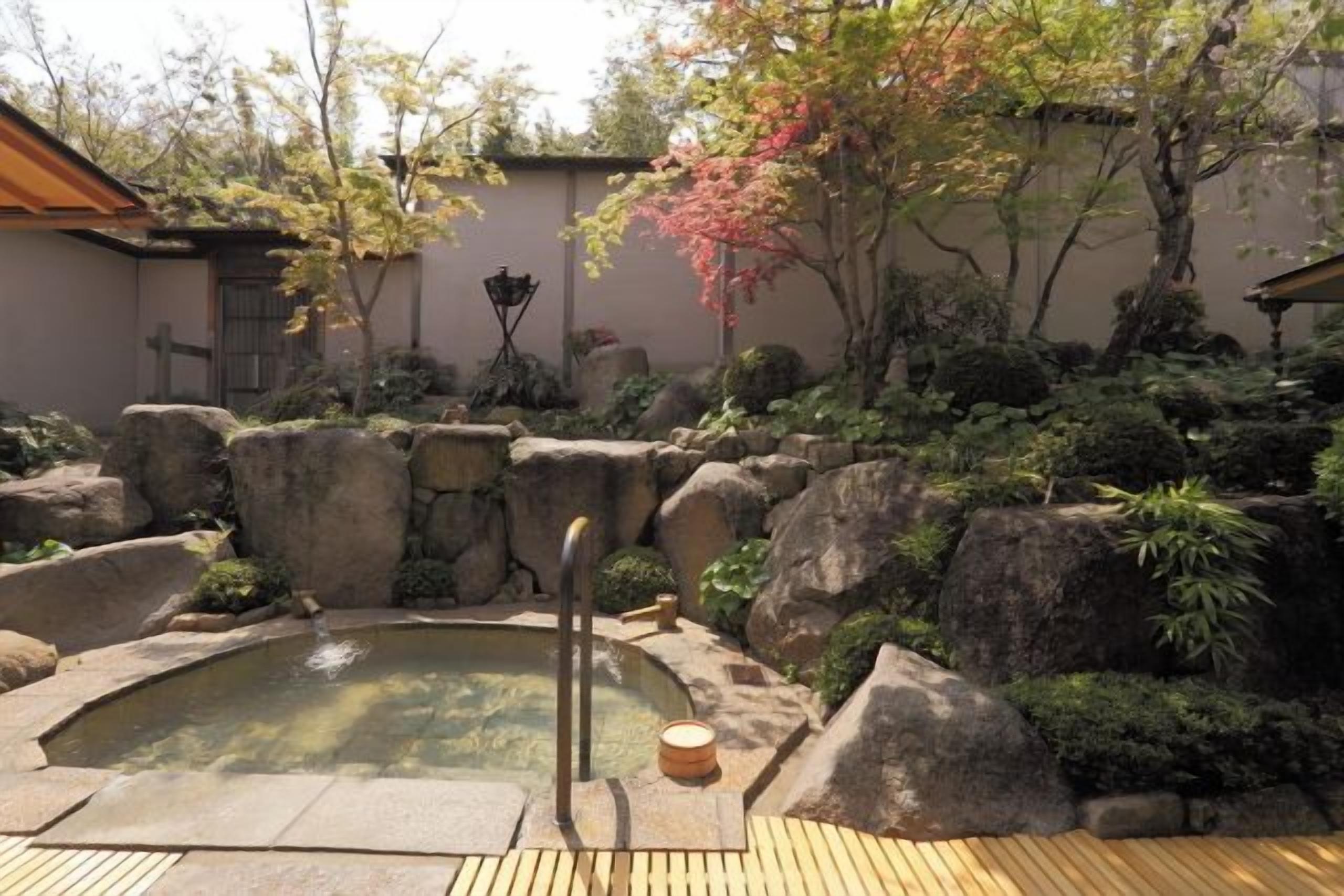 A hot spring surrounded by rocks and plants.