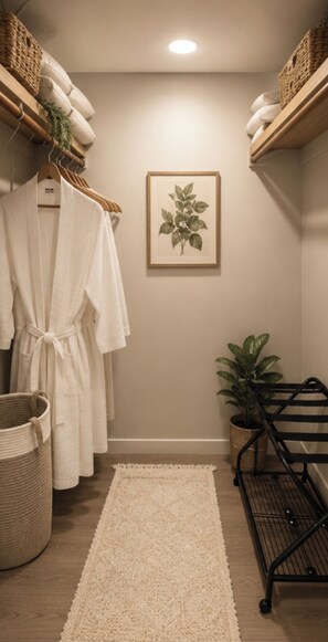A bathroom with a wooden floor, a beige rug, a framed plant, a hanging robe, and a black metal rack. - Beautiful 2-bedroom building in charming Sacramento (Sacramento)