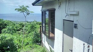 A house with a window overlooking a lush green area and the ocean. - K2 Cottage (Hachijo)