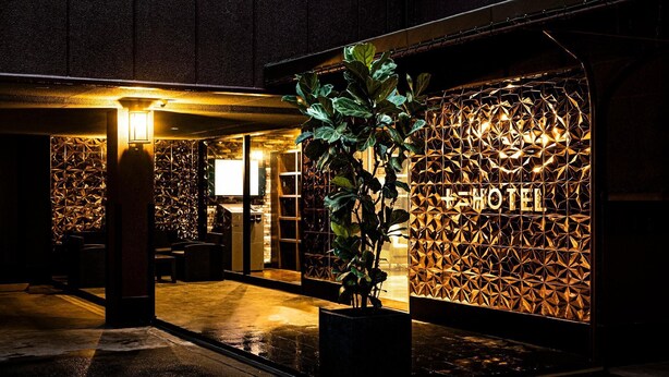 Entrada de hotel con un muro de diseño geométrico, una planta en maceta y un mostrador de recepción.